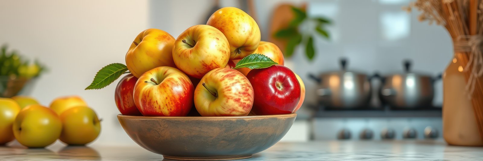 Freshly picked apples arranged in a bowl on a kitchen counter with a cozy ambiance in evening light